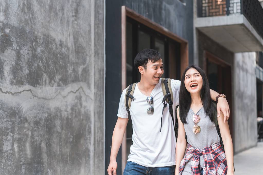 Traveler Asian backpacker couple feeling happy traveling in Beij